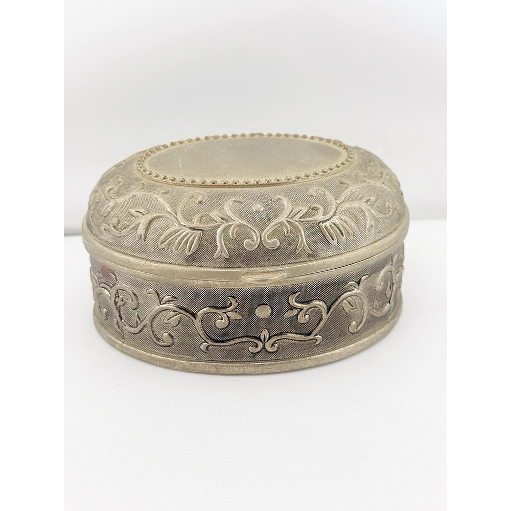 Vintage 1980's-90's Silver Tone Jewelry Box With Blue Velvet Interior